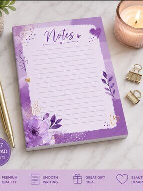 Purple Floral Notes Notepad | 5.5" x 8.5" | Lined Writing Pad | Pretty Desk Stat